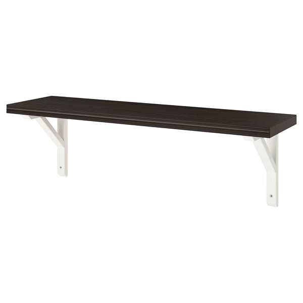 A black wall-mounted shelf, BERGSHULT, with white brackets. It has a sleek, rectangular shape with beveled and smooth edges.