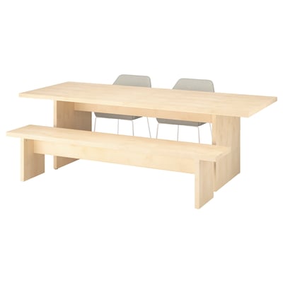BERGSHYTTAN dining set: light wood table with bench, grey chairs.