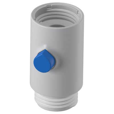 A BERGVATTNET shower booster. Its grey with a blue button, made of plastic. Cylindrical shape, designed to enhance water flow.