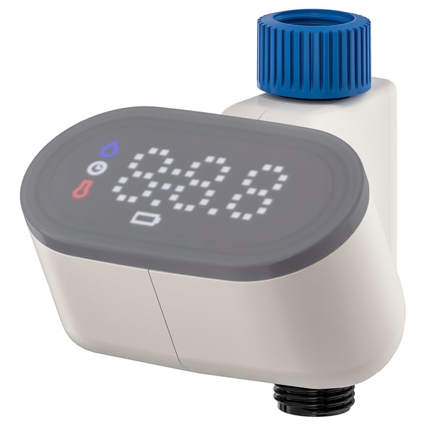 BERGVATTNET water metre, grey, plastic, digital display, blue top, compact design.