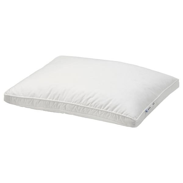 A white BERGVEN pillow with soft down and feather filling, designed for stomach sleepers, featuring double piping for support.