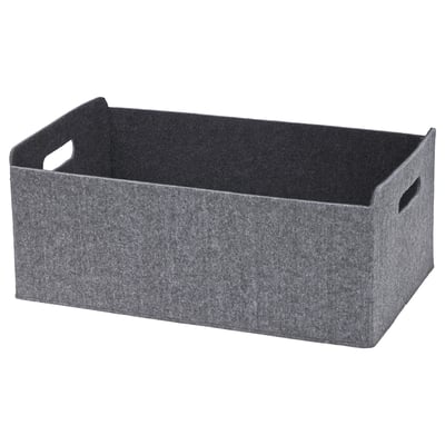 Grey BESTÅ storage box, rectangular, felt-made with handles.