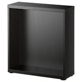 An ikea BESTÅ black storage unit frame. Its rectangular, made of fibreboard and particleboard, designed for wall or floor use.