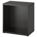 Black BESTÅ open storage unit with square design and adjustable feet.