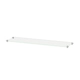 Clear glass shelf with metal brackets, floating design.