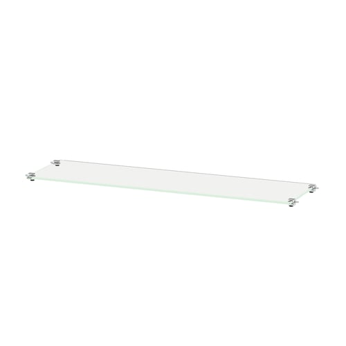 Clear glass shelf with metal brackets, floating design.
