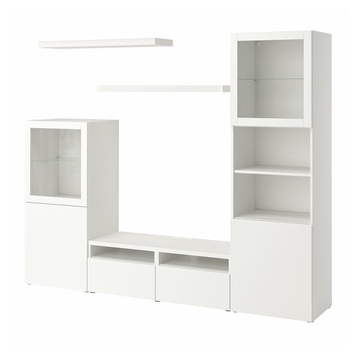 White BESTÅ storage set: tv bench, shelves, glass doors. Minimalist, modern design.