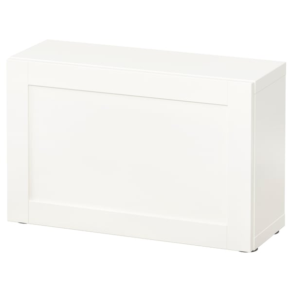 White BESTÅ storage unit, modern design, glossy finish, rectangular shape.