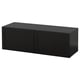 Black rectangular storage unit, minimalist design, two doors, black finish, glossy surface.