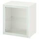 A white BESTÅ storage unit with a glass door and one glass shelf, square-shaped, minimalist design.