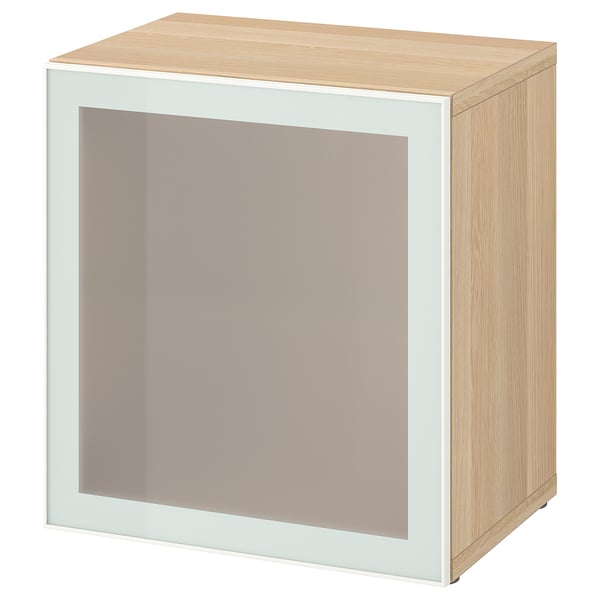 BESTÅ storage unit: light wood, frosted glass panel, square shape, modern design.