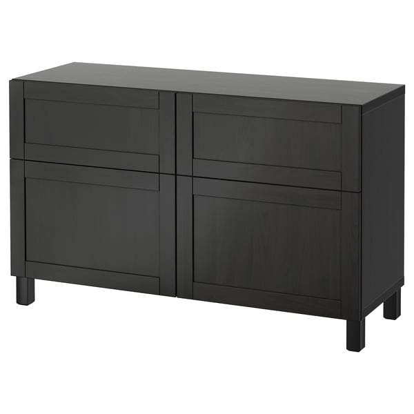 A black BESTÅ sideboard with four panels, two drawers, and a minimalist design.