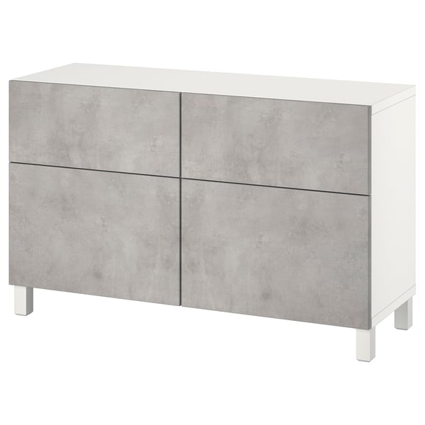 A white and grey BESTÅ sideboard with four cabinets and two drawers. Its modern, rectangular, with clean lines and minimalist design.