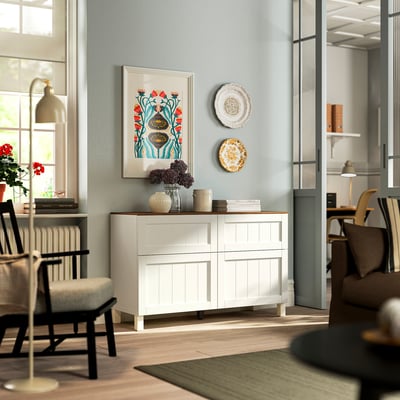 BESTÅ Storage combination w doors/drawers, white/Pipmakare white, 120x42x75 cm