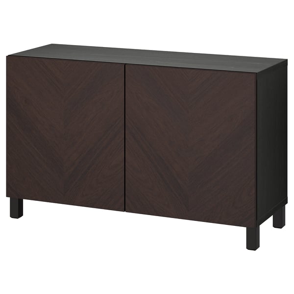 Dark brown wooden cabinet with chevron pattern, rectangular shape, two doors, and adjustable shelves.