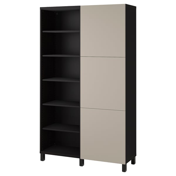 A black and beige BESTÅ storage cabinet with adjustable shelves. It a modern design with a mix of open and closed storage.