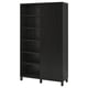 Black BESTÅ cabinet. Tall, rectangular shape with adjustable shelves and doors, modern minimalist design.