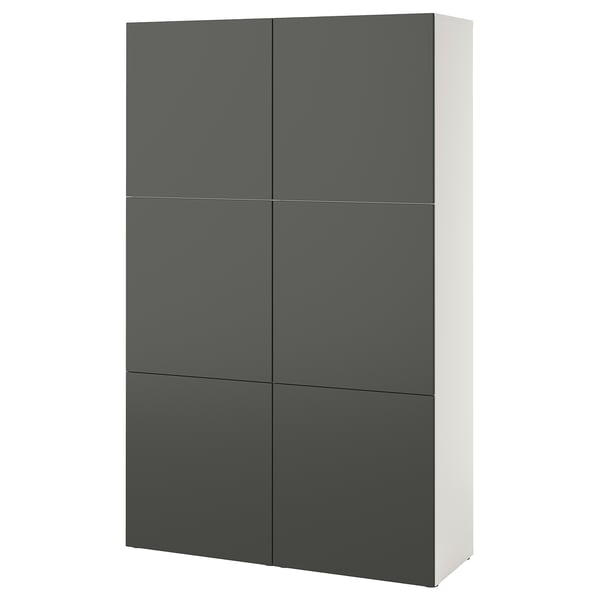 A grey and white BESTÅ storage cabinet with four doors, featuring a modern minimalist design and adjustable shelves.