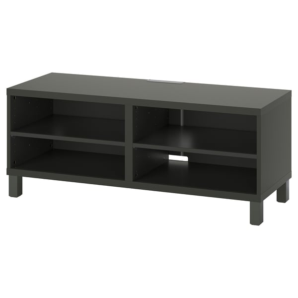 Ikea BESTÅ tv bench, dark gray, rectangular, with adjustable shelves and cable outlets.