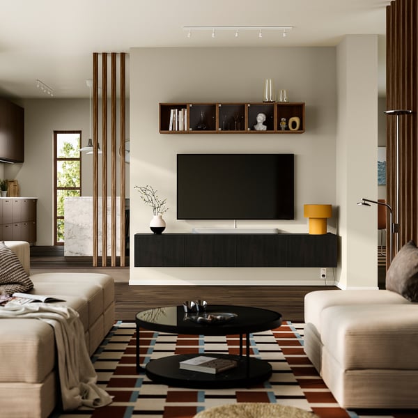 BESTÅ TV bench with doors, black-brown/Lappviken black-brown, 240x42x38 cm