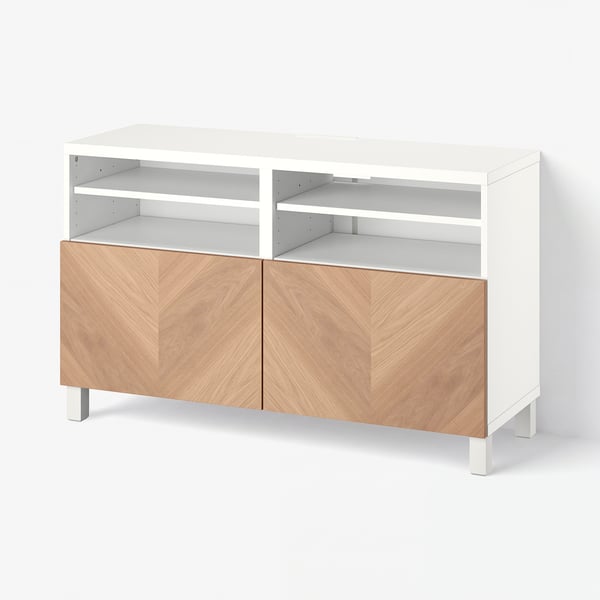 BESTÅ TV bench with doors, white/Hedeviken/Stubbarp oak veneer, 120x42x74 cm