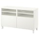 White BESTÅ tv stand, sleek minimalist design with adjustable shelves and low profile legs.