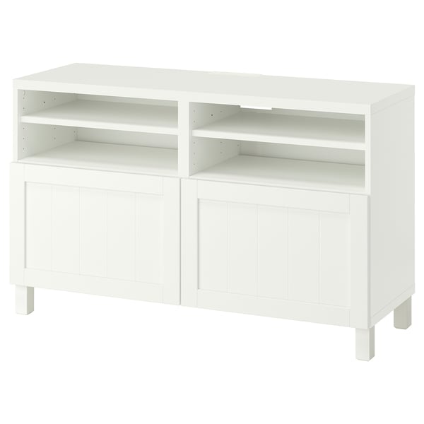 BESTÅ TV bench with doors, white/Pipmakare white, 120x42x74 cm