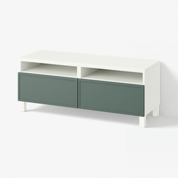 BESTÅ TV bench with drawers, white/Krukmakare dark grey-green, 120x42x48 cm