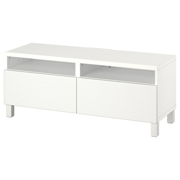 A white BESTÅ tv stand, sleek and modern, featuring two open shelves for cable management and two drawers for storage, supported by sturdy legs.