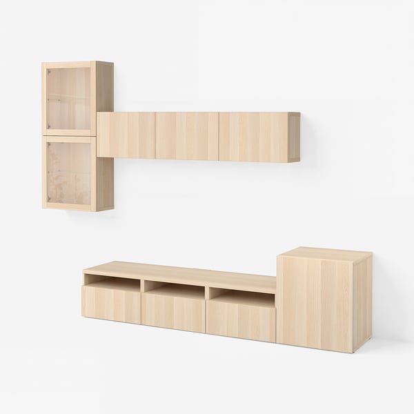 BESTÅ TV storage combination/glass doors, white stained oak effect/Lappviken white stained oak eff clear glass, 300x42x211 cm