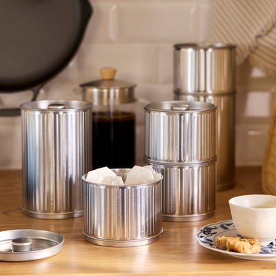 BETTHAJ tins: silver steel, round with waving design, stacked; holds small items, fits well with coffee maker.