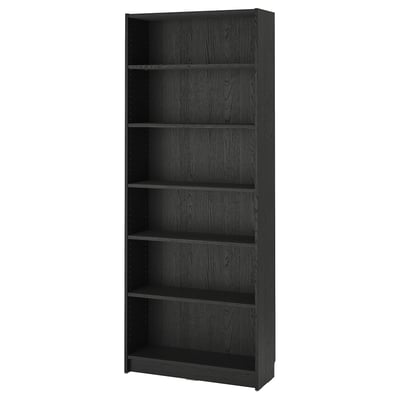 Black BILLY bookcase with adjustable shelves, natural wood grain.