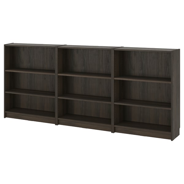 A dark brown BILLY bookshelf, with multiple empty shelves made of particleboard and fiberboard. The shelves are rectangular and neatly organized.