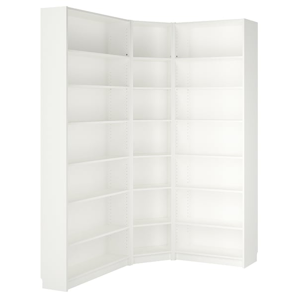 White BILLY corner bookcase, 6 shelves, minimalist design, particleboard, maximises corner space.