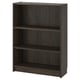 BILLY bookcase in dark brown, wooden texture, rectangular shape with three open shelves. Modern, minimalistic design.