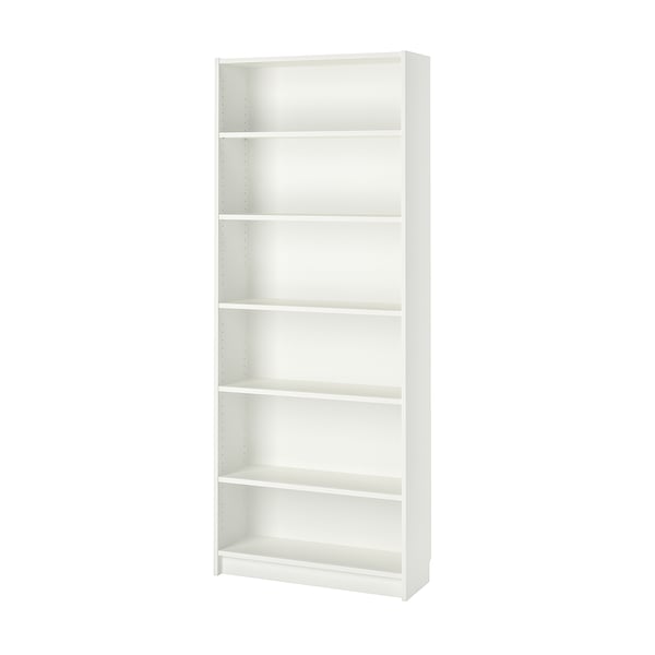 White BILLY bookshelf, six empty shelves, rectangular shape, minimalist design, made of particleboard and melamine foil.