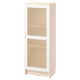 An ikea BILLY bookcase with a white and bamboo woven door. Its tall, rectangular, and includes a single door with a natural, textured bamboo panel.