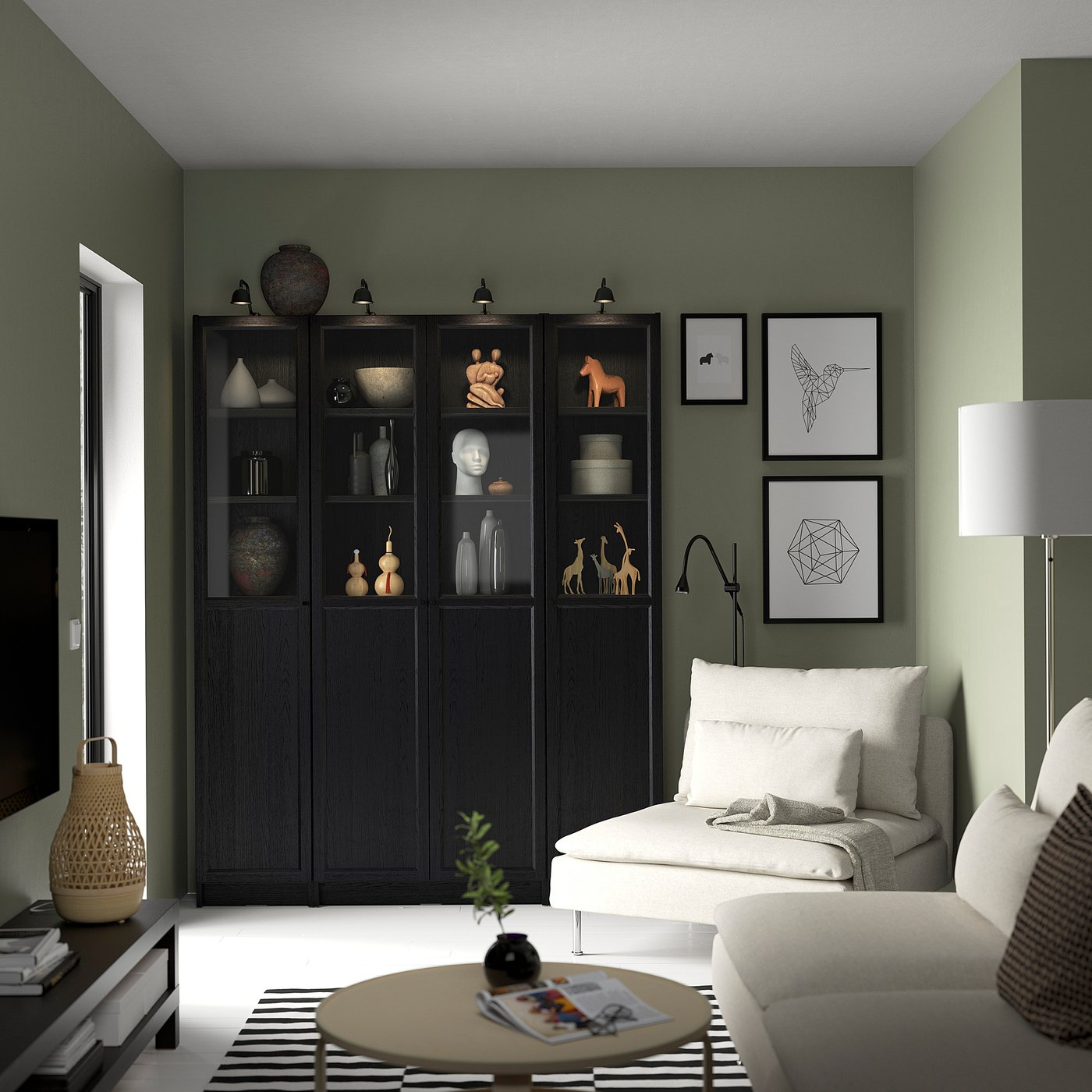 Modern living room with BILLY bookcase, white sofa, wooden coffee table, green accent wall, art prints, lamps, plants.