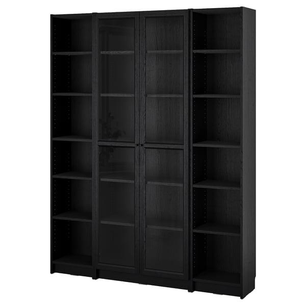 Black BILLY bookcase with adjustable shelves and glass doors for modern storage.