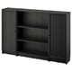 Dark brown BILLY bookcase with closed and open sections, modern design.