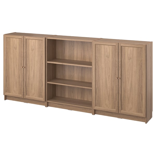BILLY bookcase set in light brown wood grain finish with open and closed storage cabinets, simple and timeless design.