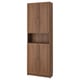 A wooden BILLY bookcase with closed and open storage, designed for versatile use, featuring a warm brown finish.