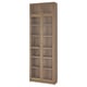 Tall BILLY bookcase, light brown, wood-like material, rectangular, glass doors.