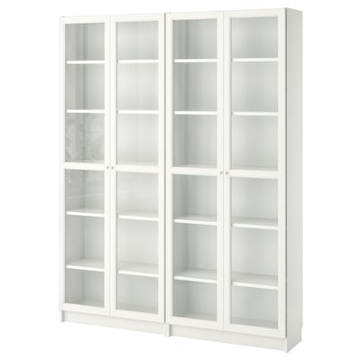 White BILLY bookcase with glass doors, modern minimalist design.