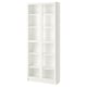 White BILLY bookcase, tall, glass doors, adjustable shelves, minimalist design, particleboard and glass material.