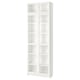 A white BILLY bookcase with glass doors, featuring adjustable shelves and a modern design.