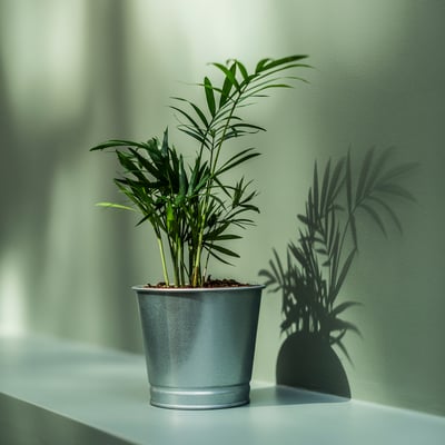 Two potted plants, one silver, shadows on wall.