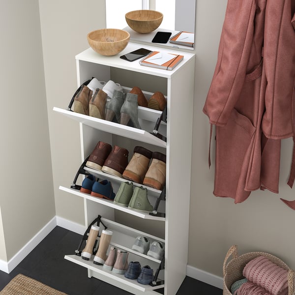 White shoe cabinet, 12 pairs, wall-mounted, includes accessory shelf.