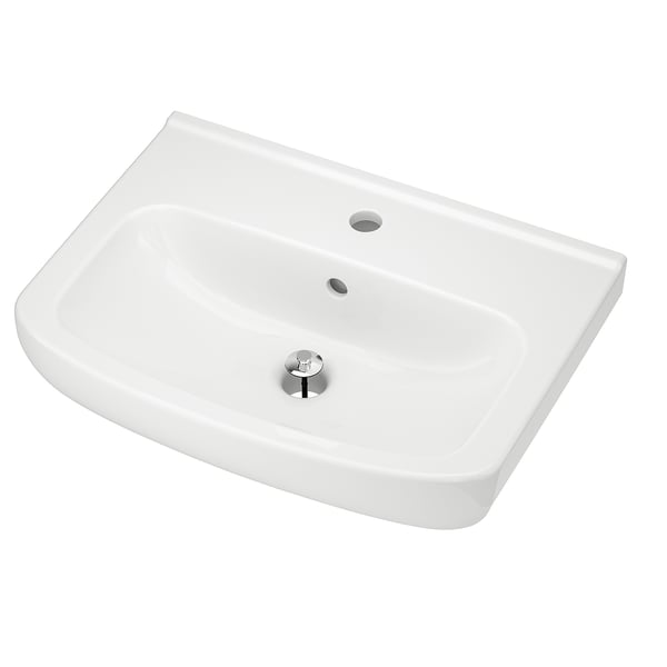 A BJÖRKÅN white, rectangular ceramic wash-basin. Its smooth, curved edges and chrome drain highlight its sleek design.