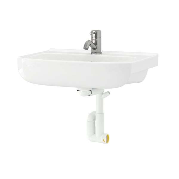 Displays a white BJÖRKÅN wall-mounted bathroom sink with a chrome tap.